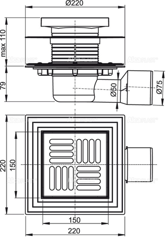 APV3444 Podlahová vpusť 150 × 150/50/75 boční, mřížka nerez, nerezová příruba a límec 2. úrovně izolace, vodní a suchá zápachová uzávěra