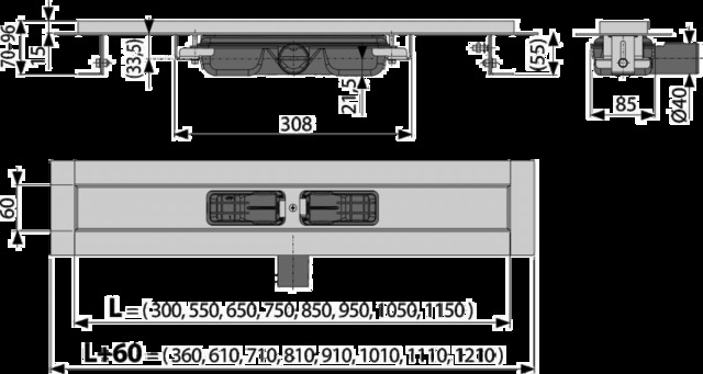 Nerezový podlahový žlab APZ101 LOW , snížený 1150