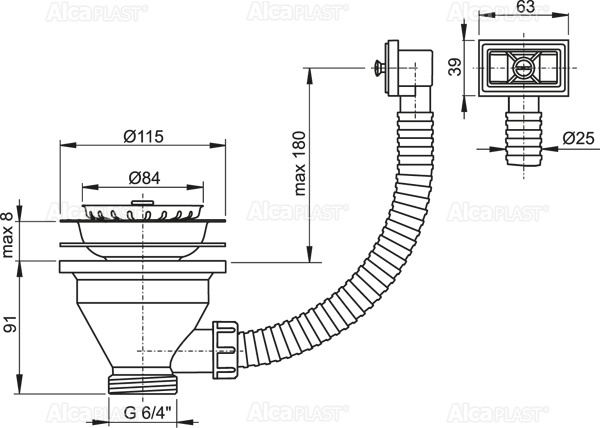 Vpusť dřezová 6/4" s nerez.mřížkou pr.115a flexi přepadem
