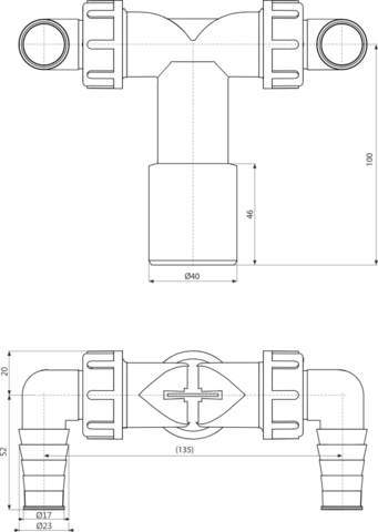 Dvojité kolínko DN40/32 /17–23 se zpětnými klapkami