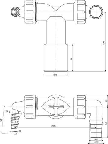 Dvojité kolínko DN40/32 /8–23 se zpětnými klapkami