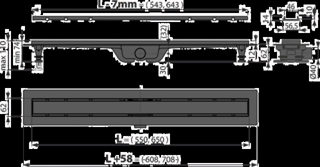 Podlahový žlab s okrajem pro oboustranný rošt, černá-mat