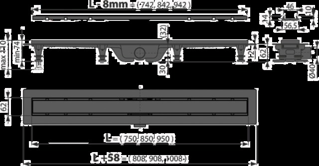 Podlahový žlab s okrajem pro oboustranný rošt, černá-mat
